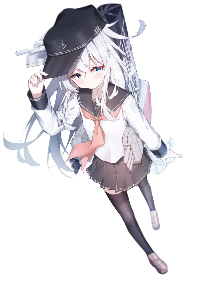 1girl absurdres anchor_symbol black_hat black_sailor_collar black_skirt black_thighhighs blue_eyes dfd flat_cap full_body hat hibiki_(kancolle) highres kantai_collection long_hair machinery neckerchief pleated_skirt red_neckerchief sailor_collar shirt simple_background skirt solo standing thighhighs white_background white_hair white_shirt