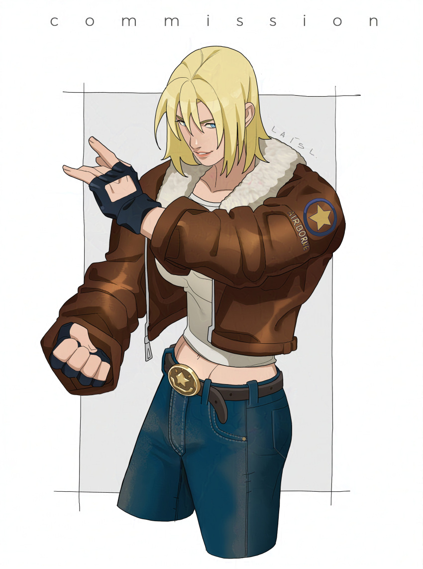 1girl absurdres belt blonde_hair blue_eyes bomber_jacket breasts brown_jacket denim fatal_fury fingerless_gloves garou:_mark_of_the_wolves genderswap genderswap_(mtf) gloves highres jacket jeans lais_leite long_sleeves looking_at_viewer midriff pants shirt short_hair simple_background smile snk solo terry_bogard the_king_of_fighters