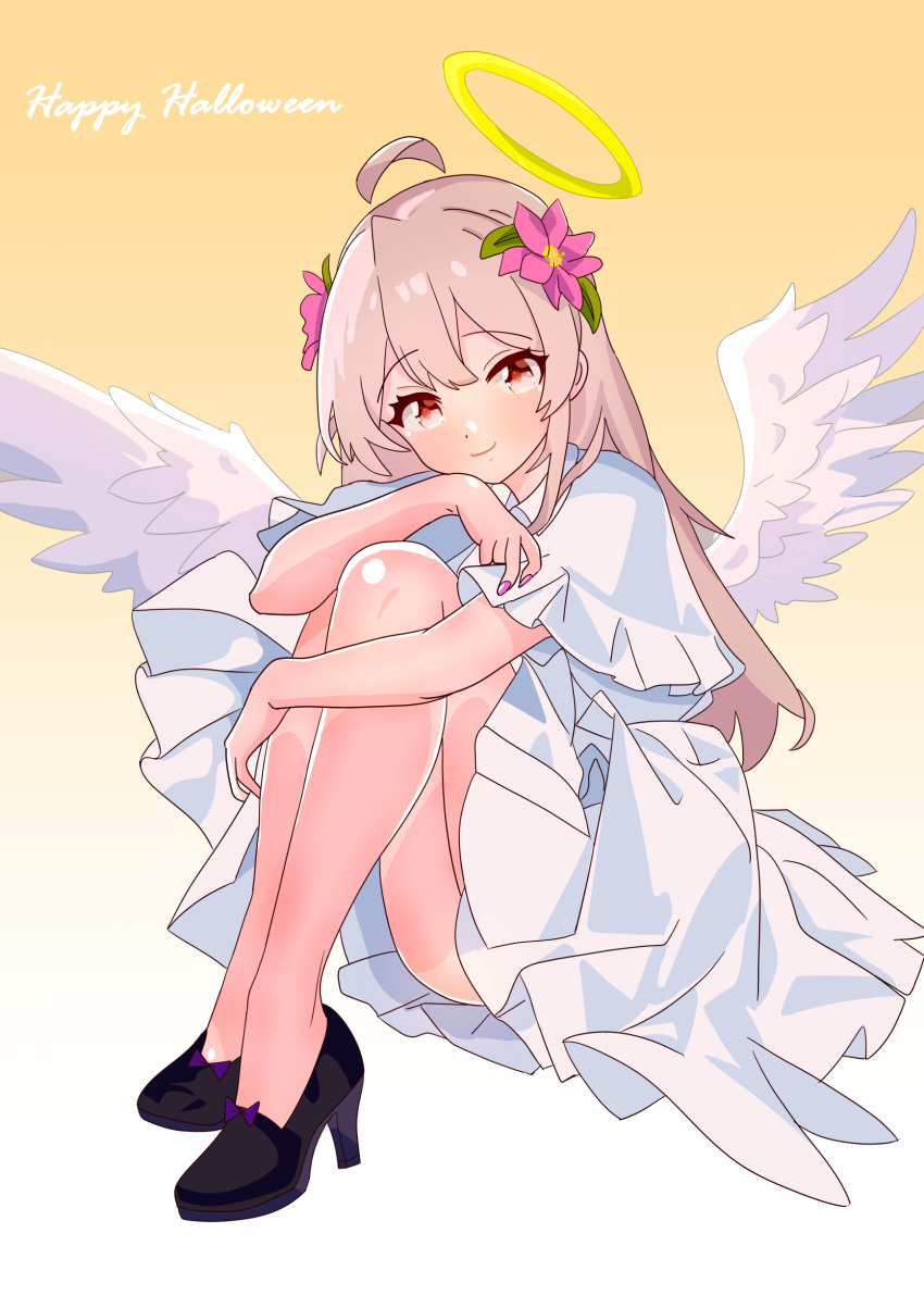 1girl absurdres ahoge angel_wings bare_legs black_footwear capelet commentary dress english_text flower full_body gradient_background hair_between_eyes hair_flower hair_ornament halo happy_halloween high_heels highres legs light_brown_hair long_hair looking_at_viewer nail_polish onii-chan_wa_oshimai! oyama_mahiro pa_panahana pink_nails red_eyes shoes simple_background sitting smile solo white_capelet white_dress wings yellow_background