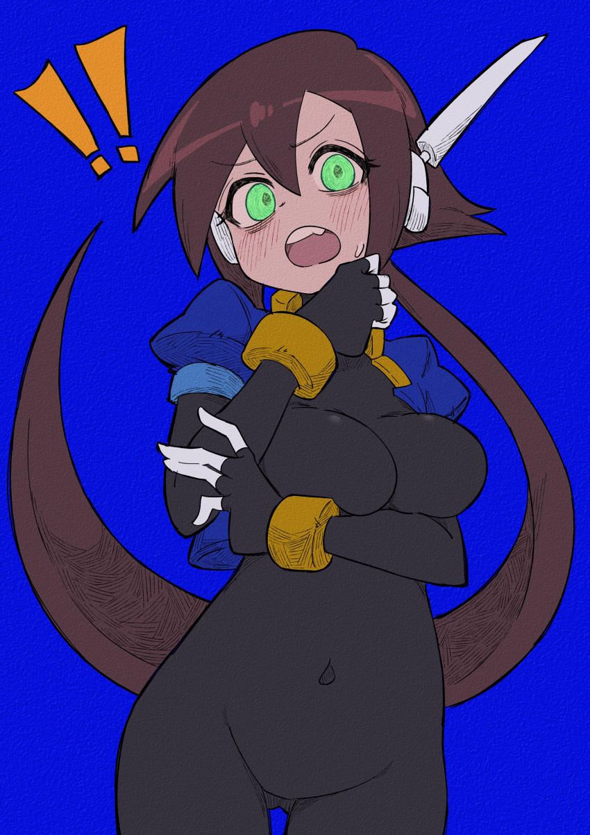 ! !! 1girl absurdres aile_(mega_man_zx) arm_under_breasts black_bodysuit blue_background blue_jacket blush bodysuit bodysuit_under_clothes breasts brown_hair buzzlyears commentary covered_collarbone covered_navel cropped_jacket fang faux_traditional_media finger_to_mouth glowing green_eyes highres jacket large_breasts long_hair looking_at_viewer mega_man_(series) mega_man_zx mega_man_zx_advent no_pants open_clothes open_jacket open_mouth ponytail robot_ears simple_background solo teeth upper_teeth_only