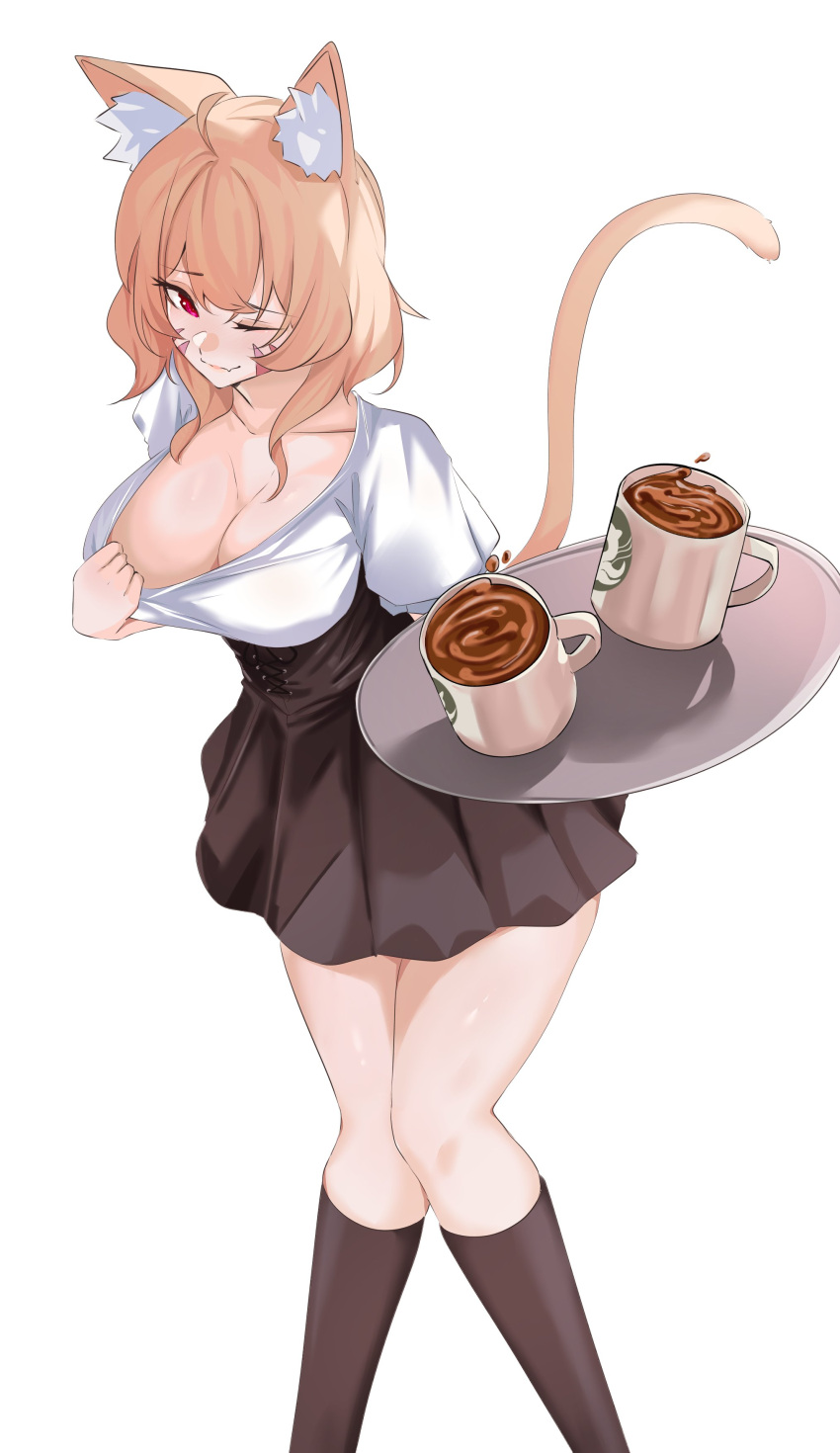 1girl absurdres animal_ear_fluff animal_ears blonde_hair breasts cat_ears cat_girl cat_tail cleavage clothes_pull coffee_mug cup facial_mark fang highres holding holding_tray indie_virtual_youtuber large_breasts long_hair looking_at_viewer mug one_eye_closed red_eyes second-party_source shirt shirt_pull shyrei_faolan skin_fang skirt solo tail tray vanko_(vank0a) virtual_youtuber whisker_markings white_shirt