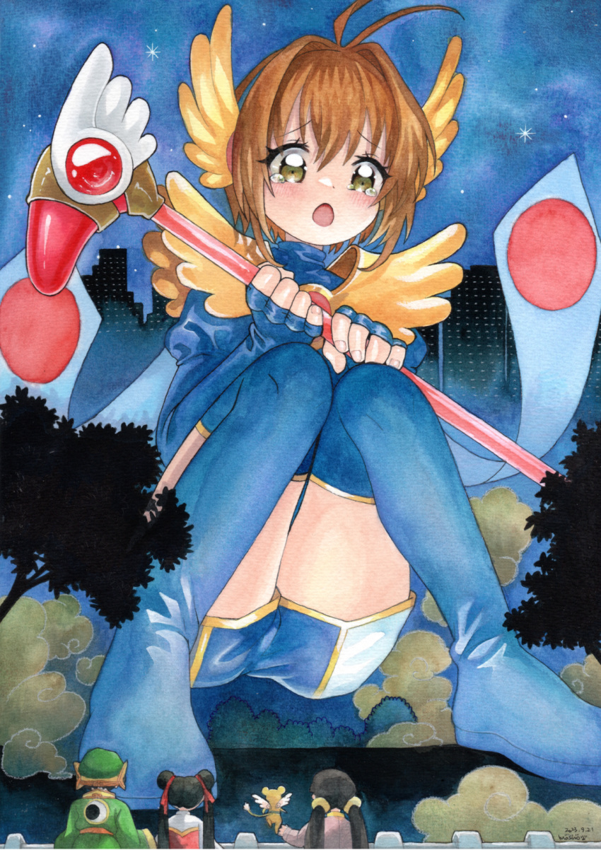 1boy 3girls antenna_hair black_thighhighs blush brown_hair cardcaptor_sakura daidouji_tomoyo dust eyelashes fingerless_gloves fuuin_no_tsue giant giantess gloves highres kero_(cardcaptor_sakura) kinomoto_sakura li_meiling li_syaoran mosho multiple_girls night open_mouth short_hair star_(sky) tears thighhighs traditional_media