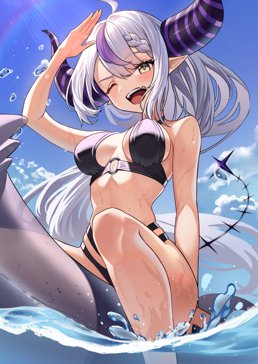 1girl ;d absurdres ahoge black_horns blue_sky blush braid braided_bangs breasts cloud day demon_girl demon_horns grey_hair hair_between_eyes highres hololive horns la+_darknesss long_hair looking_at_viewer medium_breasts multicolored_hair ojisan_kamo_shiremasen one_eye_closed open_mouth outdoors pointy_ears purple_hair purple_horns riding sitting sky smile solo streaked_hair striped_horns teeth tongue upper_teeth_only very_long_hair virtual_youtuber wet yellow_eyes