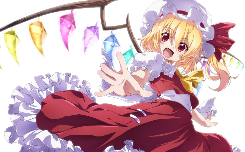 1girl ascot blonde_hair crystal_wings fang flandre_scarlet frills hat hat_ribbon kouji-nojima mob_cap open_mouth red_ribbon ribbon side_ponytail simple_background skin_fang solo touhou white_background yellow_ascot