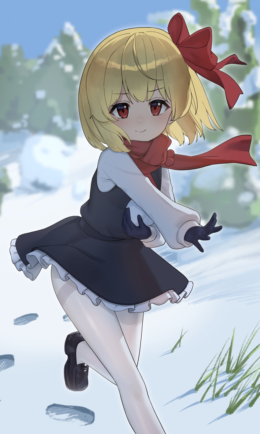 1girl absurdres black_footwear black_gloves black_skirt black_vest blonde_hair blurry blurry_background day footprints frilled_skirt frills gloves grass hair_ribbon highres loafers lulumiya_(abbb1233) medium_hair pantyhose red_eyes red_ribbon red_scarf ribbon rumia scarf shirt shoes skirt smile snow snowball solo touhou tree vest white_pantyhose white_shirt winter