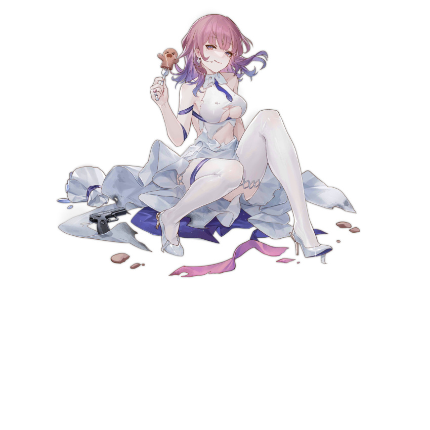 &gt;_&lt; 1girl bare_shoulders blue_eyes blue_necktie bouquet breasts burnt_clothes closed_mouth clothing_cutout collar convenient_leg d: detached_collar dress dx earrings food food_on_clothes food_on_face fork full_body gingerbread_man girls'_frontline gradient_eyes gradient_hair gun handgun high_heels highres holding holding_fork jewelry large_breasts looking_at_viewer medium_hair mp-443_(earthly_desires)_(girls'_frontline) mp-443_(girls'_frontline) mp-443_grach multicolored_eyes multicolored_hair necktie official_alternate_costume official_art orange_eyes pink_hair reeh_(yukuri130) short_necktie simple_background sitting smile solo thigh_strap thighhighs third-party_source torn_clothes torn_dress torn_footwear transparent_background two-tone_eyes underboob underboob_cutout weapon weapon_on_floor wedding_dress white_collar white_dress white_footwear white_thighhighs