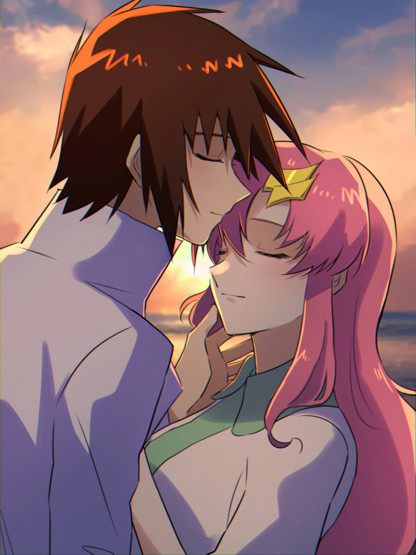 1boy 1girl absurdres brown_hair closed_eyes closed_mouth couple dusk grey_shirt gundam gundam_seed hair_ornament hairclip hetero highres kira_yamato lacus_clyne long_hair outdoors pink_hair rrrisyf shirt short_hair straight_hair