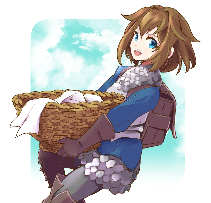 1girl :d armor basket blue_hair blue_sky border brown_bag brown_gloves brown_hair chloe_(unicorn_overlord) cloud commentary_request eyelashes gloves highres holding holding_basket looking_at_viewer medium_hair mizss outside_border scale_armor sky smile solo teeth unicorn_overlord upper_teeth_only white_border