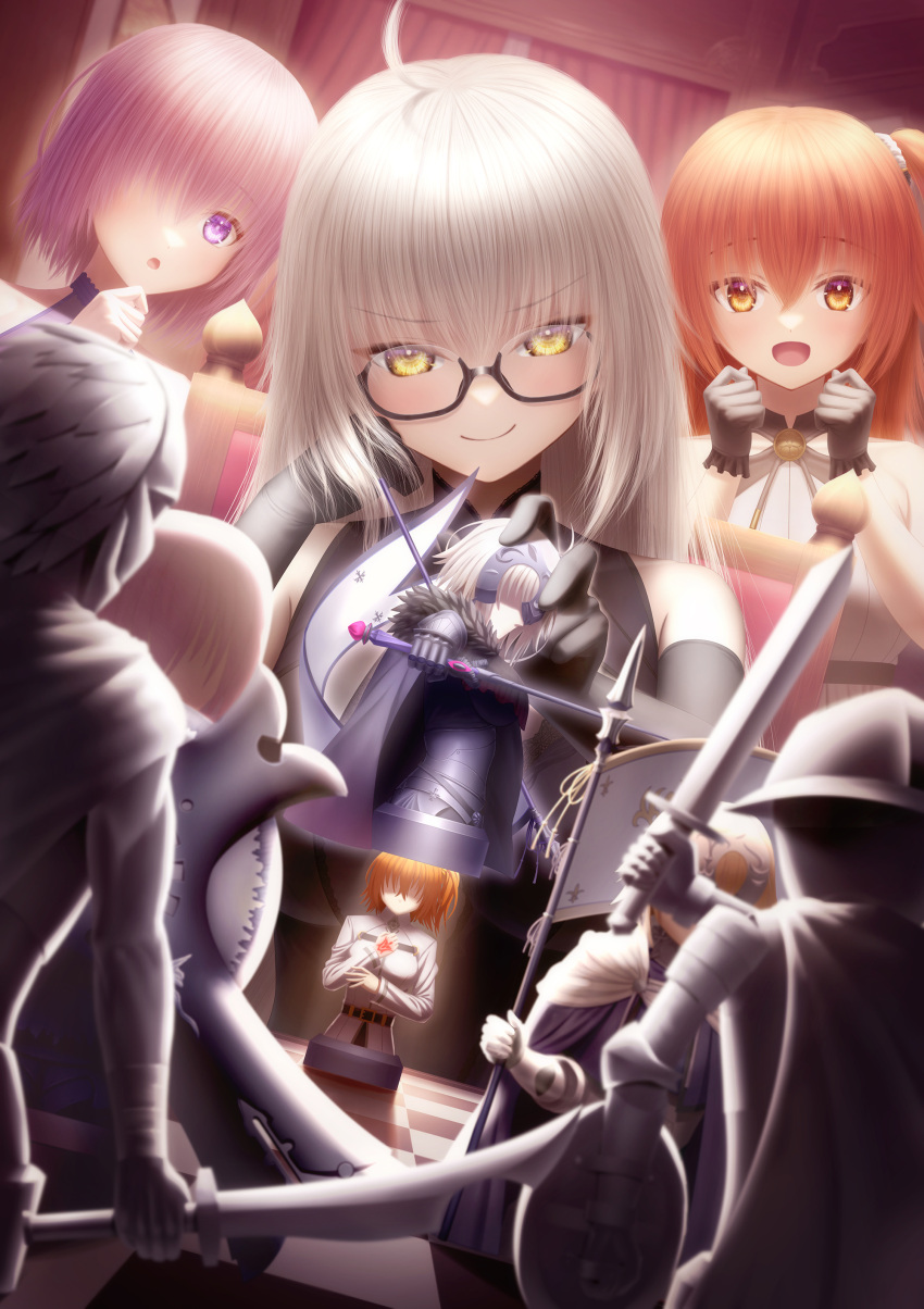 3girls absurdres ahoge bare_shoulders black_dress black_gloves board_game breasts dress fate/grand_order fate_(series) fujimaru_ritsuka_(female) glasses gloves grey_hair hair_over_one_eye highres jeanne_d'arc_(fate) jeanne_d'arc_(ruler)_(fate) jeanne_d'arc_alter_(avenger)_(fate) jeanne_d'arc_alter_(fate) large_breasts long_hair looking_at_viewer masatoki mash_kyrielight medium_breasts multiple_girls one_side_up open_mouth orange_eyes orange_hair purple_dress purple_eyes purple_hair short_hair smile very_long_hair white_dress yellow_eyes