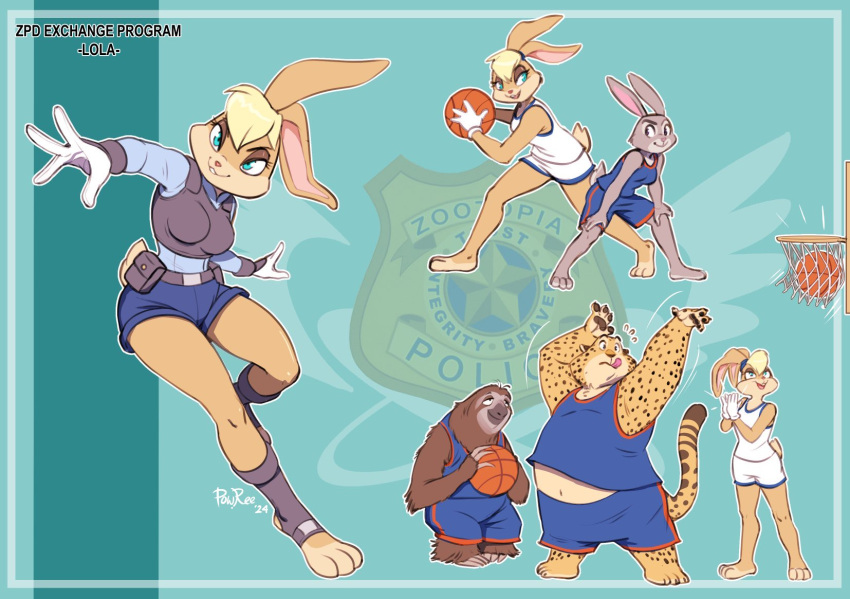 2024 4_fingers anthro ball basketball_(ball) belt benjamin_clawhauser blonde_hair blue_eyes bottomwear breasts cheetah clapping clothing disney eyebrows eyelashes feet felid feline female fingers fur gloves hair hands_on_knees hands_on_legs handwear hi_res judy_hopps lagomorph leporid lola_bunny looney_tunes male mammal pilosan police police_uniform pose powree rabbit shorts sloth tan_body tan_fur uniform warner_brothers xenarthran zootopia