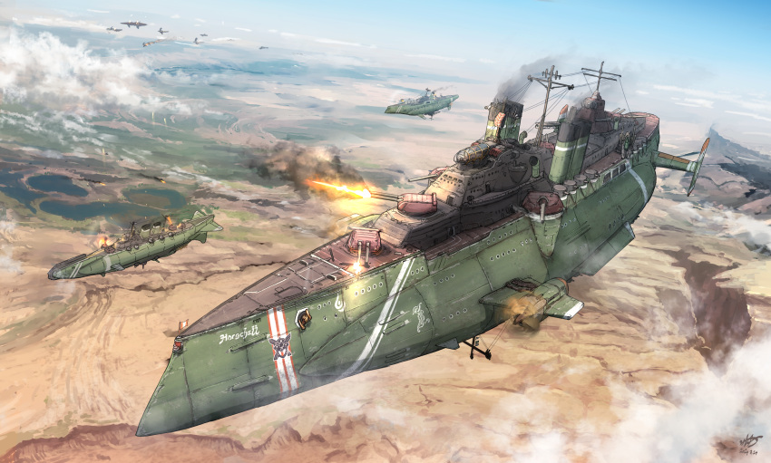 aircraft airship aoi_waffle battle cloud firing highres military military_vehicle no_humans original scenery science_fiction turret weapon