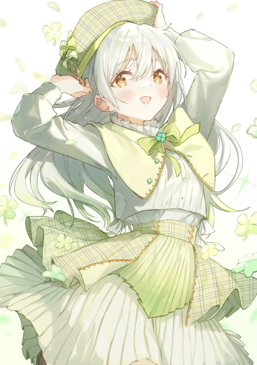 1girl :d ban_(one_ban7241) beret blush capelet clover collared_shirt cowboy_shot dot_nose floating_hair four-leaf_clover green_capelet green_hat green_ribbon hair_between_eyes hands_on_headwear hat high-waist_skirt highres layered_skirt long_hair long_sleeves miniskirt neck_ribbon open_mouth orange_eyes original plaid plaid_headwear plaid_skirt pleated_skirt ribbon shirt shirt_tucked_in sidelocks simple_background skirt smile solo white_background white_hair white_shirt white_skirt