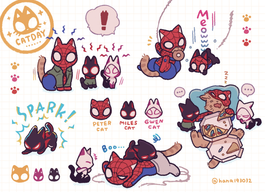 !_block ... animal animalization bodysuit cat cat_day character_name clothed_animal falling food food_on_face highres hood hooded_bodysuit laughing marvel meows_morales messy_sleeper miles_morales paw_print peter_b_parker pizza sardine silk sleeping spider-gwen spider-man:_into_the_spider-verse spider-man_(series) spider-verse spider_web spoken_ellipsis squiggle swinging teardrop twitter_username user_vruw3338 zzz