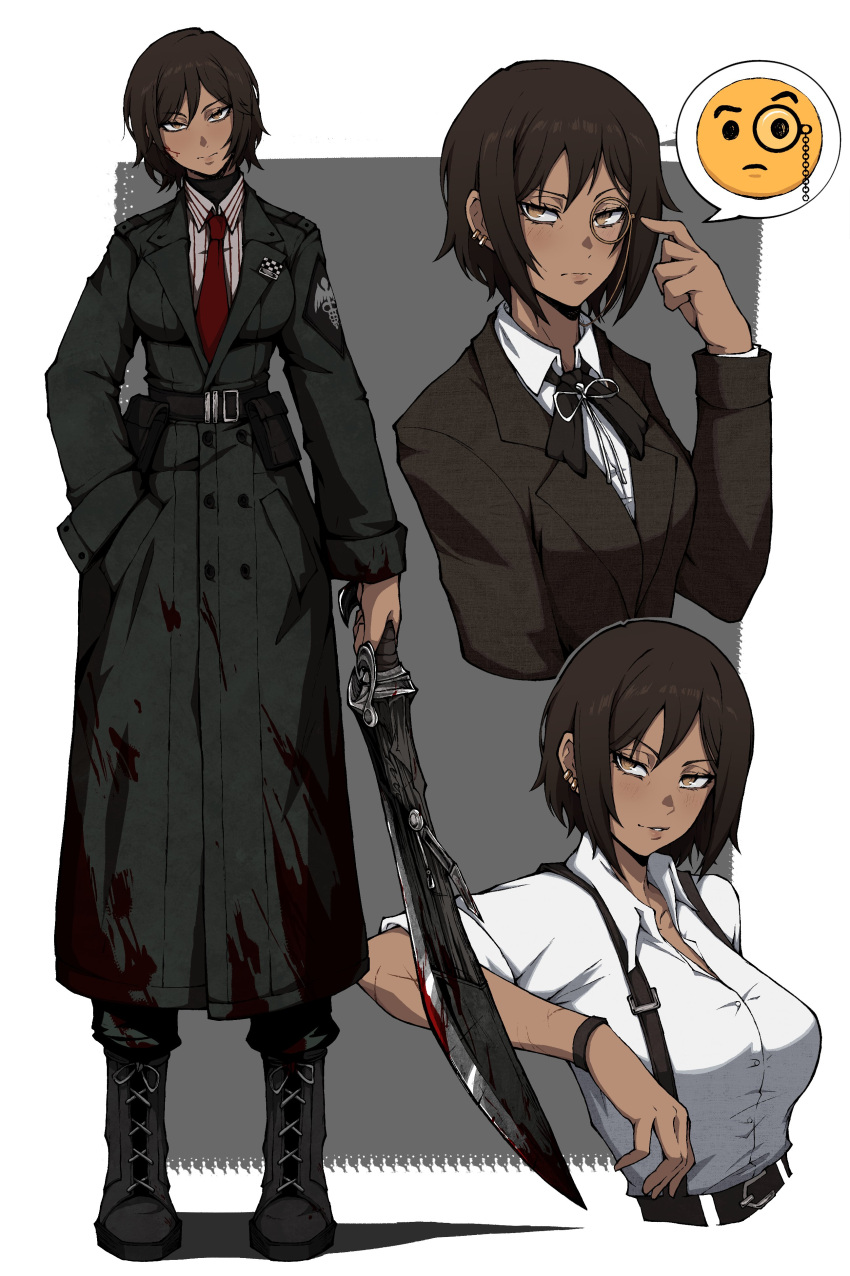 1girl absurdres black_coat blood blood_on_clothes blood_on_weapon blood_splatter boots breasts brown_hair coat dark-skinned_female dark_skin ear_piercing emoji highres holding holding_sword holding_weapon kekel large_breasts limbus_company monocle monocle_chain multiple_views necktie outis_(project_moon) piercing project_moon red_necktie shirt short_hair sleeves_rolled_up spoken_emoji suit suspenders sword weapon white_shirt yellow_eyes