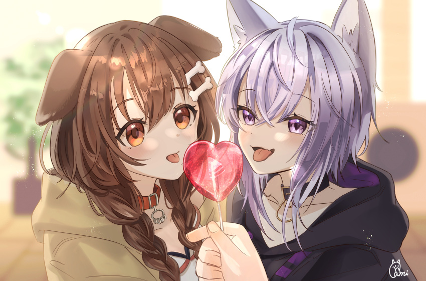 2girls animal_collar animal_ear_fluff animal_ears blurry blurry_background blush bone_hair_ornament brown_eyes brown_hair candy cat_ears cat_girl collar collarbone dog_ears dog_girl eyelashes food gami_ww hair_between_eyes hair_ornament heart heart-shaped_lollipop highres hololive hood hood_down inugami_korone light_particles lollipop multiple_girls nekomata_okayu purple_eyes purple_hair sexually_suggestive shaped_lollipop short_hair signature tongue tongue_out virtual_youtuber