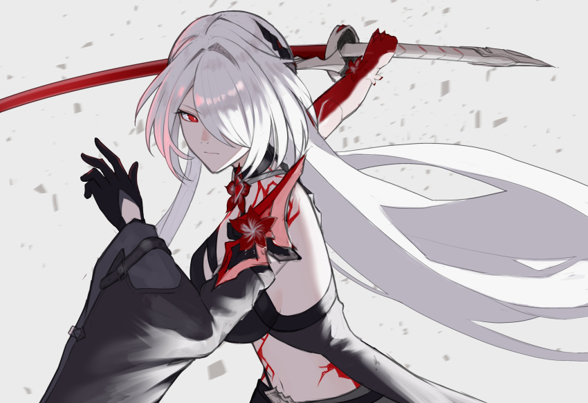 1girl absurdres acheron_(honkai:_star_rail) black_choker black_gloves body_markings choker detached_sleeves gloves hair_over_one_eye highres holding holding_sword holding_weapon honkai:_star_rail honkai_(series) long_hair midriff navel neko_hiiragi official_alternate_color official_alternate_hair_color red_eyes simple_background single_bare_shoulder solo stomach sword weapon white_hair