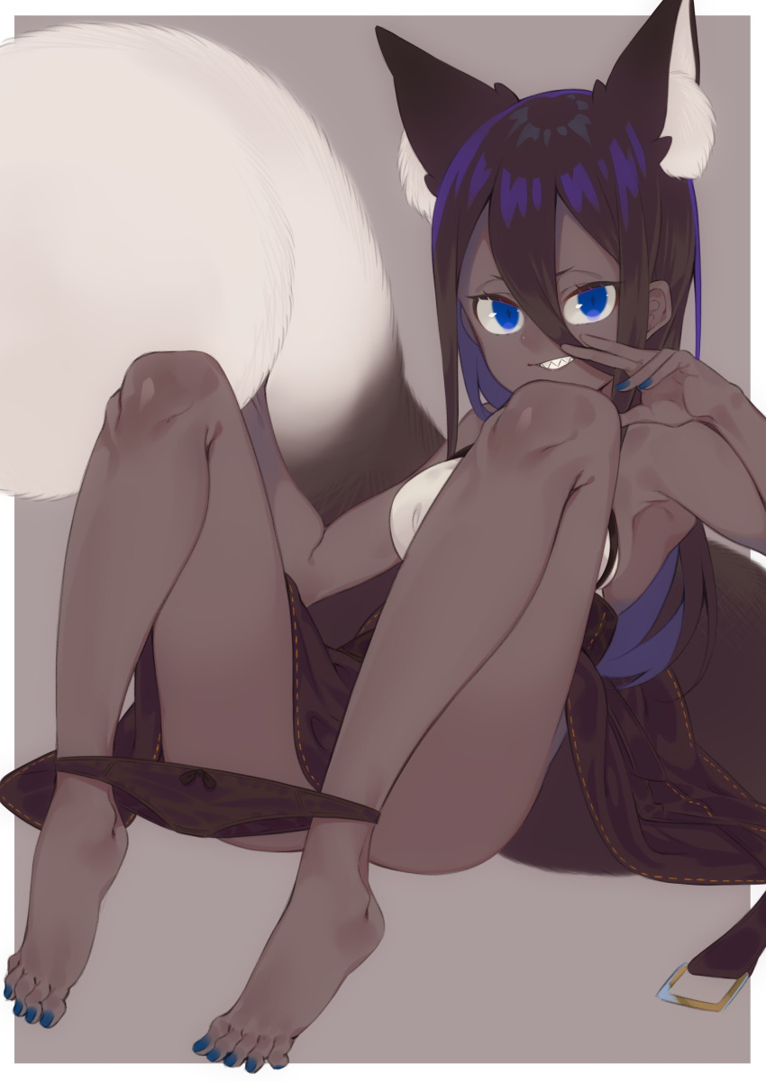 1girl absurdres animal_ears ass barefoot black_panties blue_eyes dark_skin e_draw_paint feet female grin hair_between_eyes highres nail_polish no_panties original panties panty_pull sitting skirt smile solo tail toes underwear wasabi_iii