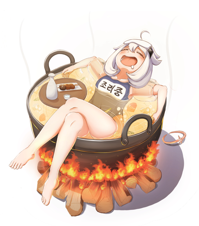 1girl ^_^ absurdres ahoge bare_arms bare_legs barefoot blue_one-piece_swimsuit blush closed_eyes collarbone commentary_request cooking cooking_pot curvy feet fire food food_focus genshin_impact h4mster3433 happy highres korean_commentary legs lying medium_hair on_stomach one-piece_swimsuit open_mouth paimon_(genshin_impact) relaxing ripples simple_background smile solo soup swimsuit teeth thighs toes white_background white_hair