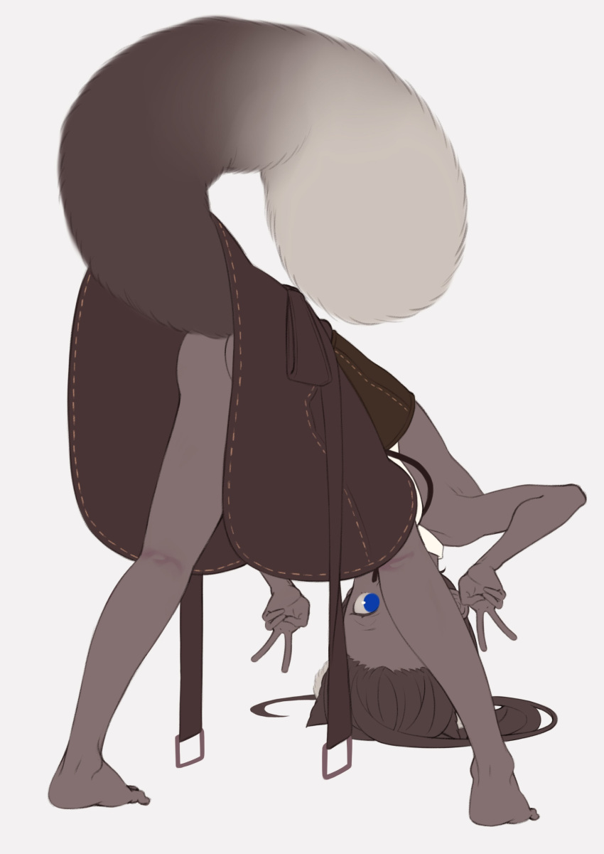 1girl absurdres animal_ears ass bare_legs barefoot bent_over blue_eyes dark_skin double_v e_draw_paint female highres kneepits no_panties original simple_background skirt skirt_lift solo standing tail tail_lift upside-down v wasabi_iii white_background