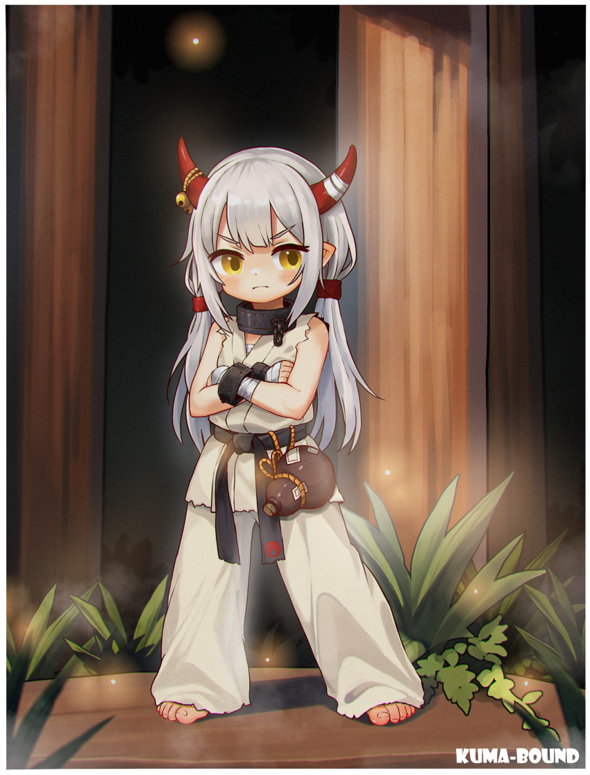 1girl absurdres artist_name bandaged_hand bandages barefoot belt black_belt black_collar black_wrist_cuffs border chinese_commentary closed_mouth collar commentary_request crossed_arms dougi frown full_body gourd grass highres horns kuma-bound long_hair martial_arts_belt oni original pants solo standing toes v-shaped_eyebrows white_border white_hair white_pants wrist_cuffs yellow_eyes