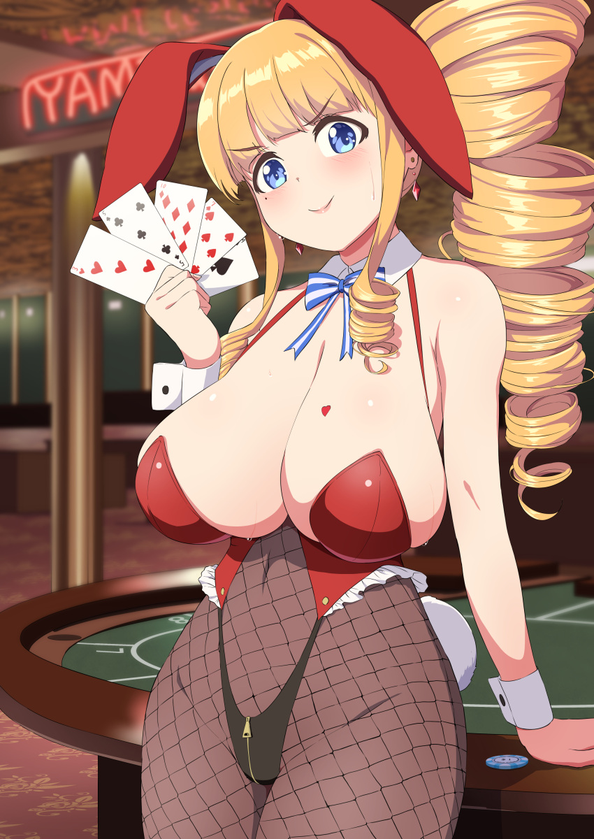 1girl absurdres animal_ears blonde_hair blue_eyes blunt_bangs blush breasts card cleavage closed_mouth detached_collar drill_hair ear_piercing earrings fishnet_pantyhose fishnet_thighhighs fishnets highres holding holding_card huge_breasts indoors jewelry leotard long_hair looking_at_viewer mole mole_under_eye navel original pantyhose piercing playboy_bunny playing_card poker_table rabbit_ears rabbit_tail red_leotard sagging_breasts sakamata_(sakamata4) smile solo standing table tail thighhighs v-shaped_eyebrows wrist_cuffs