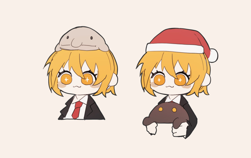 1girl :3 blobfish blonde_hair blush_stickers closed_mouth collared_shirt creature don_quixote_(project_moon) gnome_(project_moon) hat highres holding holding_creature limbus_company looking_to_the_side minasemochii multiple_views necktie project_moon red_necktie santa_hat shirt short_hair smile sparkling_eyes white_shirt yellow_eyes