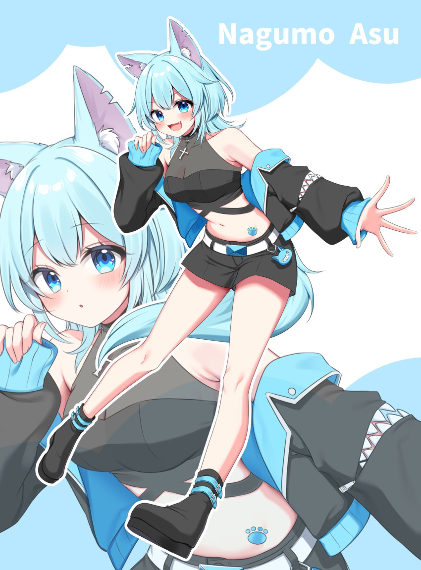 1girl :d :o animal_ear_fluff animal_ears artist_self-insert bandeau bare_shoulders belt black_bandeau black_collar black_footwear black_jacket black_shorts blue_background blue_eyes blue_hair blue_jacket blush breasts cat_ears cat_girl character_name cleavage collar collarbone commentary_request covered_collarbone cross full_body hand_up highres indie_virtual_youtuber jacket latin_cross long_hair long_sleeves looking_at_viewer midriff nagumo_asu navel off_shoulder open_mouth outline outstretched_arm outstretched_hand parted_lips shinonome_asu shoes short_shorts shorts simple_background smile two-sided_fabric two-sided_jacket virtual_youtuber white_background white_belt white_outline zoom_layer