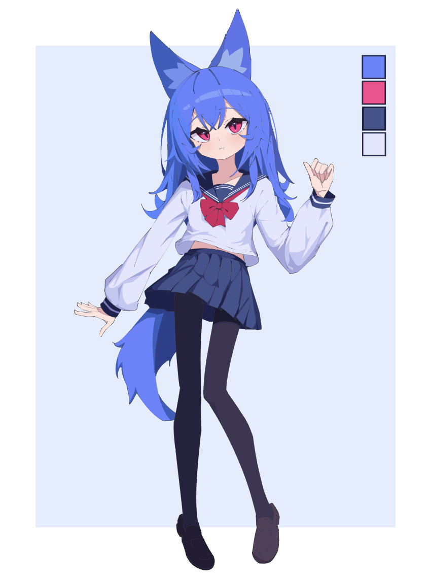 1girl absurdres animal_ear_fluff animal_ears arm_at_side black_footwear black_pantyhose blue_hair blush bow bowtie child closed_mouth color_guide fox_ears fox_girl fox_tail full_body hand_up highres loafers long_hair long_sleeves looking_at_viewer midriff_peek miya_(myakuro) myakuro original pantyhose pleated_skirt purple_sailor_collar purple_skirt red_bow red_bowtie red_eyes sailor_collar school_uniform serafuku shirt shoes simple_background skirt slit_pupils solo standing tail white_shirt