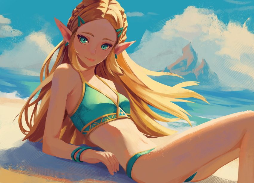 1girl absurdres alternate_costume beach bikini blonde_hair blue_eyes blue_sky braid breasts closed_mouth cloud crown_braid elbow_rest english_commentary green_bikini hair_ornament hairclip highres long_hair looking_at_viewer lying navel ocean outdoors parted_bangs pointy_ears princess_zelda sky small_breasts smile solo swimsuit the_legend_of_zelda the_legend_of_zelda:_breath_of_the_wild triforce yan_kodiac