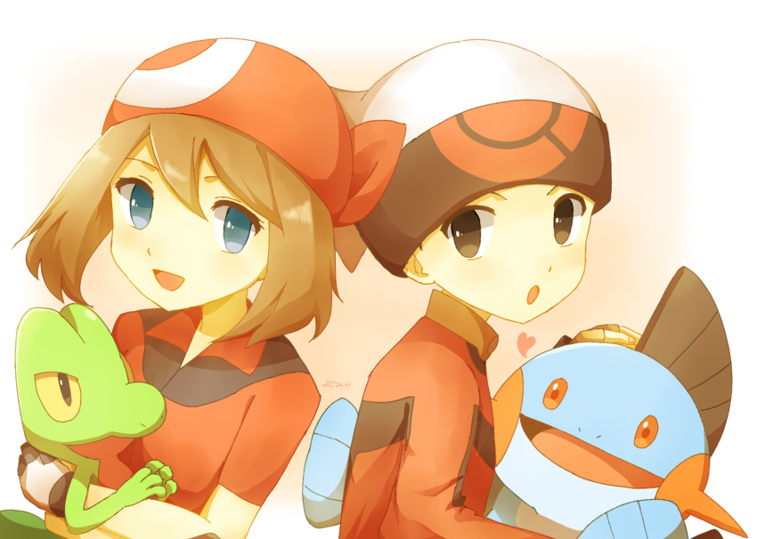 1boy 1girl :d :o bandana brendan_(pokemon) brown_eyes brown_hair gloves hair_between_eyes hat heart highres holding holding_pokemon long_sleeves marshtomp may_(pokemon) open_mouth pokemon pokemon_(creature) pokemon_rse red_bandana red_shirt shirt short_hair short_sleeves smile treecko upper_body white_hat ymzmi