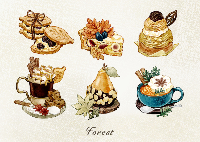 autumn_leaves bow chocolate chocolate_chip_cookie cinnamon_stick commentary_request cookie cup drink food food_focus fruit garnish hot_chocolate leaf marshmallow mug no_humans nut_(food) orange_(fruit) orange_slice original pear pie somemachi spoon star_anise_(spice) sweets