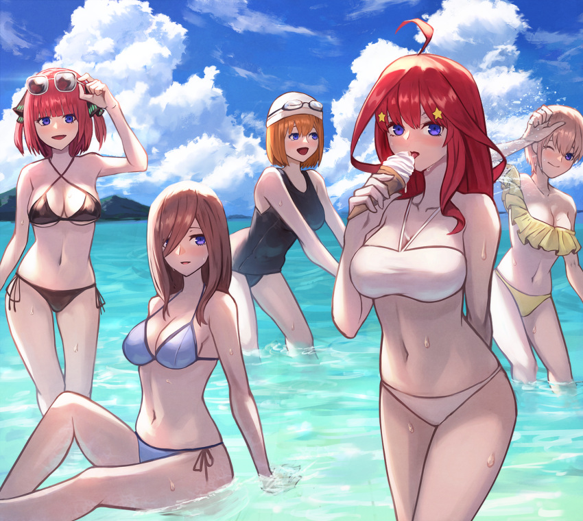 5girls ahoge bikini black_bikini black_one-piece_swimsuit black_ribbon blue_bikini blue_sky breasts brown_hair butterfly_hair_ornament cleavage commentary_request criss-cross_halter eyewear_on_head go-toubun_no_hanayome gomashiwo_o hair_ornament hair_ribbon halterneck highres holding holding_ice_cream_cone ice_cream_cone long_hair multiple_girls nakano_ichika nakano_itsuki nakano_miku nakano_nino nakano_yotsuba navel ocean off-shoulder_bikini off_shoulder one-piece_swimsuit orange_hair pink_hair quintuplets red_hair ribbon side-tie_bikini_bottom sky star_(symbol) star_hair_ornament strapless strapless_bikini sunglasses swimsuit wet white_bikini yellow_bikini