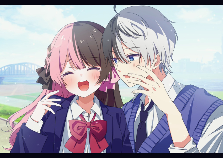 1boy 1girl black_border black_hair black_ribbon blazer blue_jacket blue_necktie blue_sky blue_sweater blue_sweater_vest border braid brown_hair closed_eyes collared_shirt hair_ribbon highres indie_virtual_youtuber iris_black_games jacket kamito_(vtuber) laughing long_hair looking_at_another multicolored_hair neck_ribbon necktie open_clothes open_jacket panties pink_hair pink_panties pome_charo red_ribbon ribbon school_uniform shirt short_hair sky sweater sweater_vest tachibana_hinano_(vtuber) tearing_up two-tone_hair underwear vspo! white_hair white_shirt