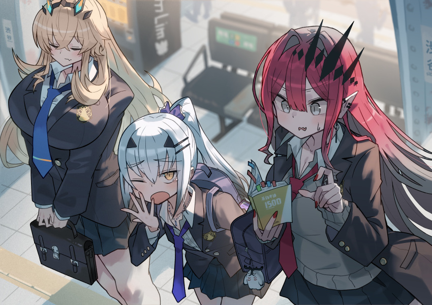 3girls absurdres backpack bag baobhan_sith_(fate) barghest_(fate) black_jacket black_skirt blazer blonde_hair blue_necktie blush book breasts closed_eyes closed_mouth ear_piercing earrings fate/grand_order fate_(series) grey_eyes hair_ornament hand_up handbag highres indoors jacket jewelry katsu_(katsupainter) large_breasts long_hair looking_at_viewer melusine_(fate) multiple_girls nail_polish necktie one_eye_closed open_mouth piercing pink_hair pointy_ears ponytail reading red_nails red_necktie school_uniform sidelocks skirt sweatdrop wavy_mouth white_hair yawning yellow_eyes