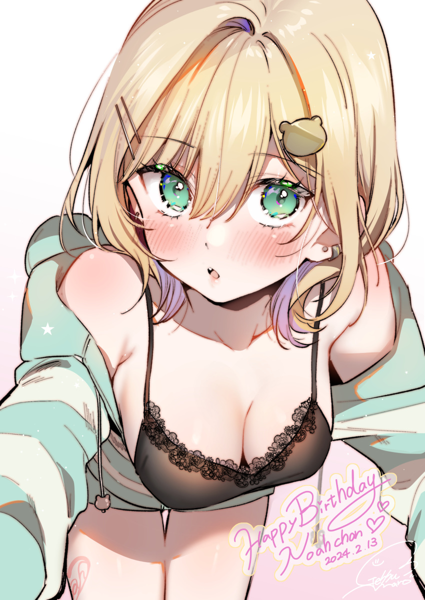 1girl absurdres bare_shoulders bear_hair_ornament black_camisole blonde_hair blush breasts camisole cleavage collarbone colored_inner_hair commentary_request dated earrings geshumaro gradient_background green_eyes green_hoodie hair_between_eyes hair_ornament hairclip happy_birthday heart heart_tattoo highres hood hoodie jewelry kurumi_noah lace-trimmed_camisole lace_trim large_breasts leaning_forward leg_tattoo long_sleeves looking_at_viewer medium_hair multicolored_hair open_mouth pink_background purple_hair signature single_hair_intake solo star_(symbol) striped_clothes striped_hoodie stud_earrings tattoo teddy_bear_ornament teeth thigh_gap thighs two-tone_hair upper_teeth_only virtual_youtuber vspo! white_background