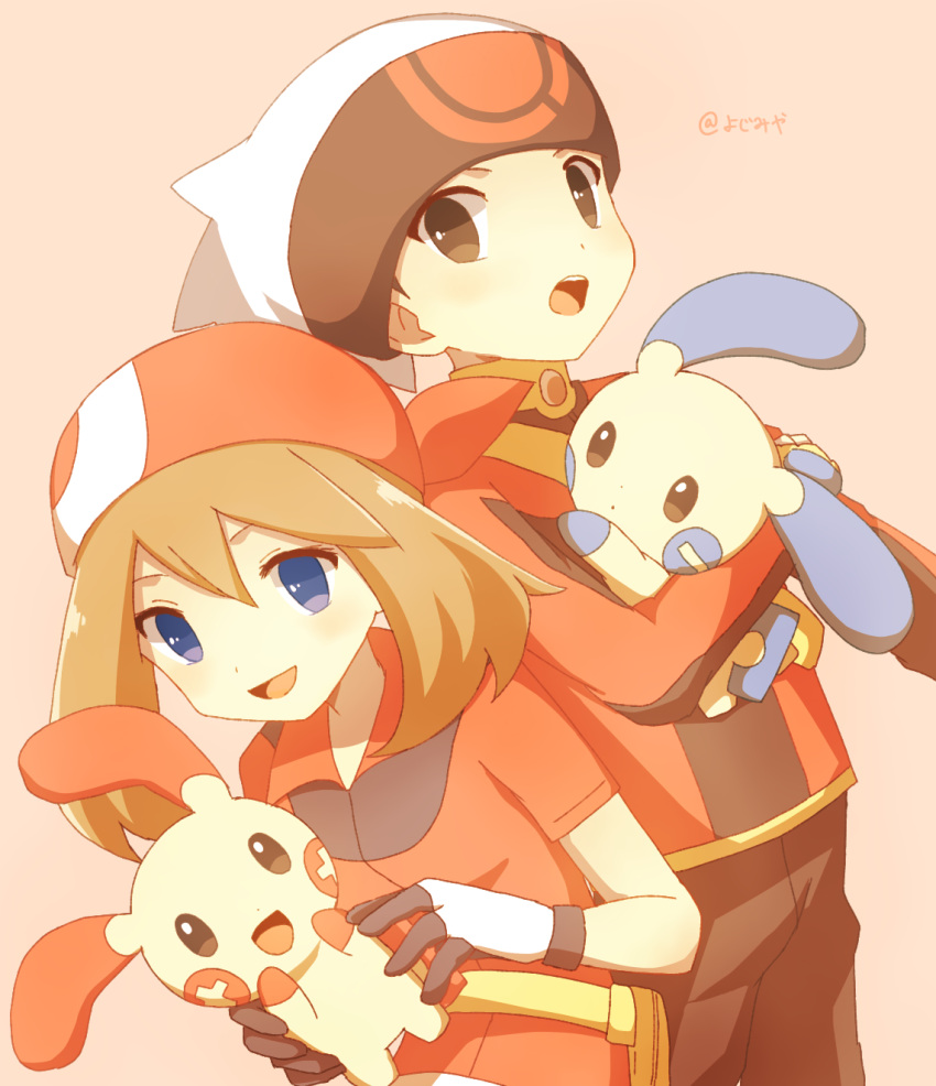 1boy 1girl :d :o bandana black_gloves blue_eyes brendan_(pokemon) brown_eyes brown_hair fanny_pack gloves hair_between_eyes hat highres holding holding_pokemon long_sleeves may_(pokemon) minun open_mouth plusle pokemon pokemon_(creature) pokemon_rse red_bandana red_shirt shirt short_hair short_sleeves smile teeth two-tone_gloves upper_teeth_only white_gloves white_hat ymzmi