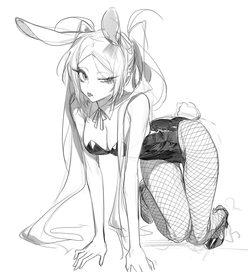 1girl all_fours animal_ear_headband animal_ears breasts cleavage detached_collar fake_animal_ears fishnet_pantyhose fishnets high_heels highres leotard long_hair looking_at_viewer messy_hair o0oggwa original pantyhose playboy_bunny rabbit_ears rabbit_tail solo strapless strapless_leotard tail tongue tongue_out