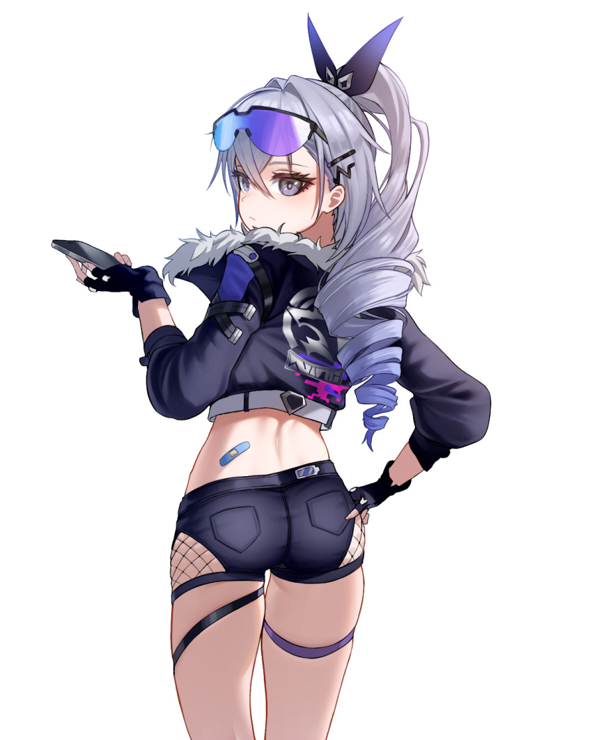 1girl ass black_gloves black_jacket black_shorts blue_hair cellphone cowboy_shot crop_top cropped_jacket drill_hair fingerless_gloves gloves gradient_hair grey_eyes grey_hair hair_intakes hair_ornament hairclip highres holding holding_phone honkai:_star_rail honkai_(series) jacket long_hair long_sleeves looking_at_viewer midriff multicolored_hair navel phone ponytail short_shorts shorts silver_wolf_(honkai:_star_rail) simple_background smartphone solo standing stomach thigh_strap thighs tkl white_background