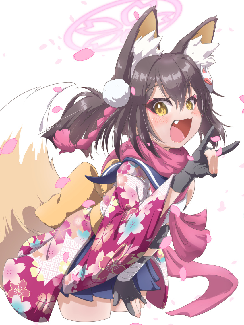 1girl :d absurdres animal_ear_fluff animal_ears arm_support black_gloves black_hair blue_archive commentary_request eyeshadow falling_petals fingerless_gloves fox_ears fox_girl fox_hair_ornament fox_shadow_puppet fox_tail gloves hadanugi_dousa hair_between_eyes hair_ornament highres izuna_(blue_archive) japanese_clothes leaning_forward long_sleeves looking_at_viewer makeup medium_hair ninja one_side_up petals pleated_skirt pom_pom_(clothes) pom_pom_hair_ornament red_eyeshadow rope scarf school_uniform serafuku shimenawa sidelocks skirt smile solo tail tomonx white_background white_scarf wide_sleeves yellow_eyes