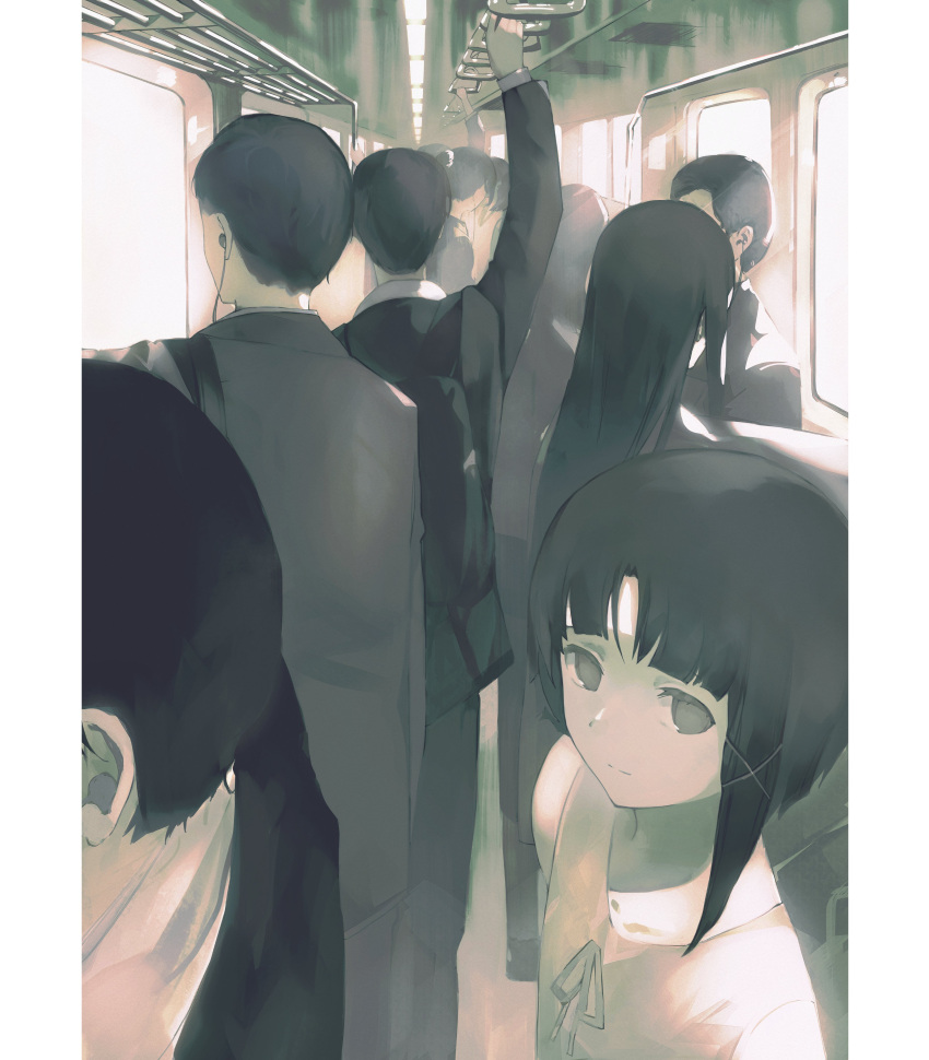 absurdres asymmetrical_hair crowd hair_ornament highres iwakura_lain long_hair looking_at_viewer monochrome serial_experiments_lain short_hair single_sidelock suit train_interior x_hair_ornament yuishironeko