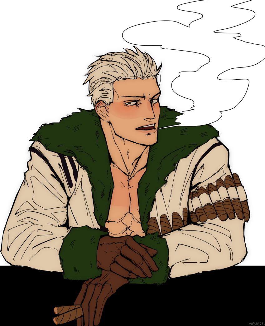 1boy absurdres brown_gloves cigar fur-trimmed_jacket fur_trim gloves highres holding holding_cigar jacket long_sleeves looking_at_viewer male_focus one_piece short_hair simple_background smoke smoker_(one_piece) solo teeth upper_body upper_teeth_only wesaier white_background white_hair