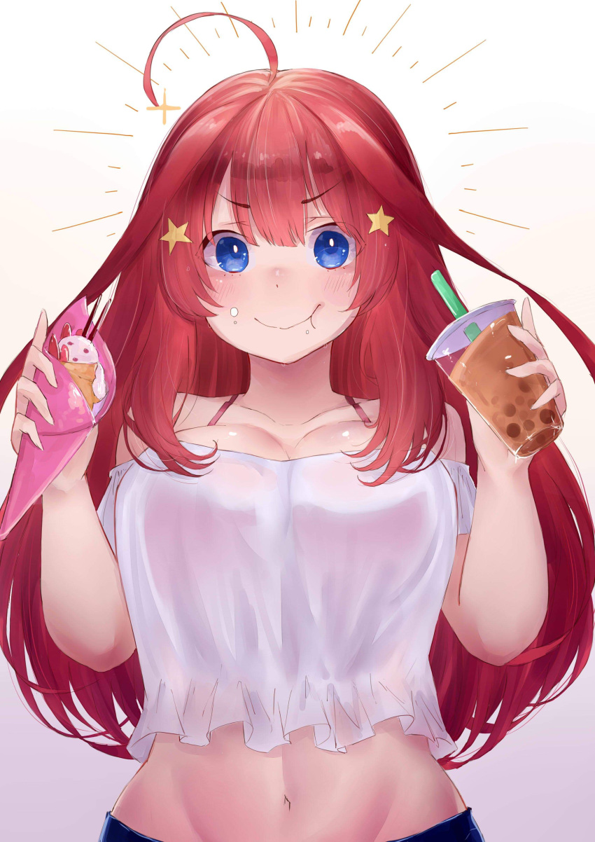 1girl absurdres ahoge bare_shoulders blue_eyes blush breasts bubble_tea closed_mouth cream cream_on_face crop_top cup eating food food_in_mouth food_on_face go-toubun_no_hanayome gradient_background hair_ornament hands_up highres holding holding_cup holding_food ice_cream_crepe joshjostar0729 large_breasts long_hair looking_at_viewer midriff nakano_itsuki navel red_hair shirt short_sleeves simple_background smile solo sparkle star_(symbol) star_hair_ornament white_background white_shirt