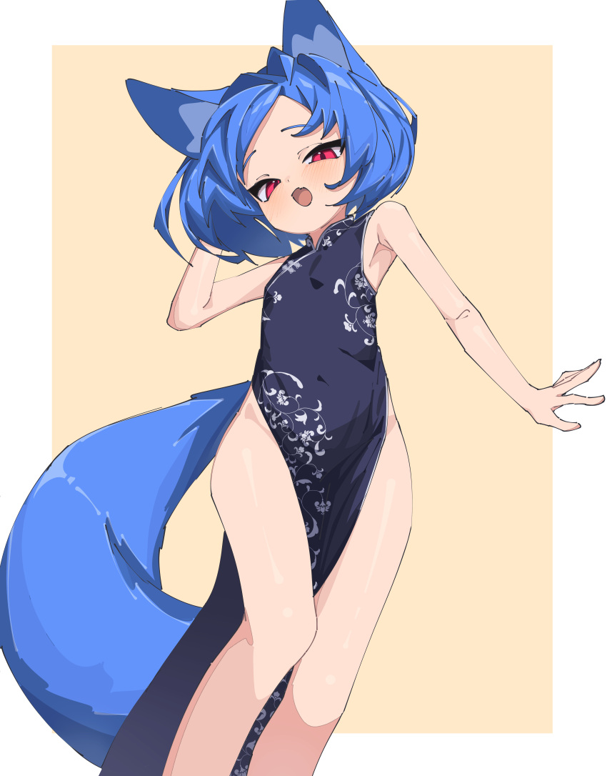 1girl absurdres adjusting_hair animal_ear_fluff animal_ears arm_at_side bare_legs black_dress blue_hair blush breasts china_dress chinese_clothes dress fang fox_ears fox_girl fox_tail groin hand_up highres looking_at_viewer miya_(myakuro) myakuro open_mouth original red_eyes short_hair side_slit skin_fang slit_pupils small_breasts solo standing tail