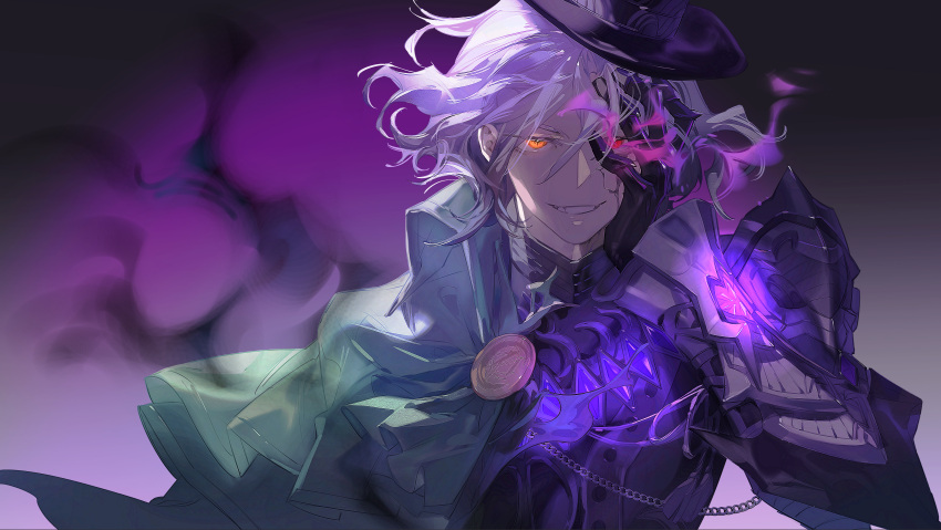 1boy absurdres black_fire black_gloves cracked_skin cross-shaped_pupils edmond_dantes_(fate) fate/grand_order fate_(series) fire flaming_hand gloves glowing gradient_hair grey_hair hat highres looking_at_viewer male_focus multicolored_hair purple_fire red_eyes smile solo symbol-shaped_pupils the_count_of_monte_cristo_(fate) user_huxs2223