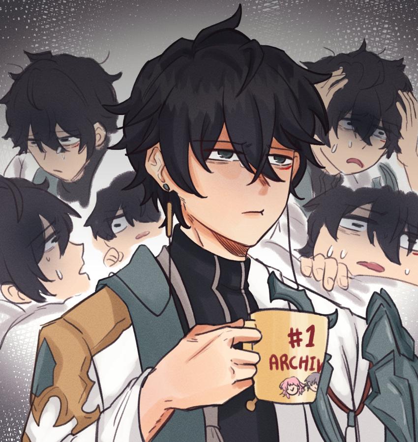 1boy armor arms_up black_hair black_shirt caelus_(honkai:_star_rail) character_print clenched_hand closed_mouth coat cup daikonkudasai dan_heng_(honkai:_star_rail) earrings eyeshadow fingernails grey_eyes hair_between_eyes hand_up hands_on_own_head highres holding holding_cup honkai:_star_rail honkai_(series) jewelry long_sleeves looking_to_the_side looking_up makeup male_focus march_7th_(honkai:_star_rail) nervous open_clothes open_coat open_mouth red_eyeshadow shirt short_hair shoulder_armor single_earring solo standing sweat sweatdrop trailblazer_(honkai:_star_rail) upper_body white_coat