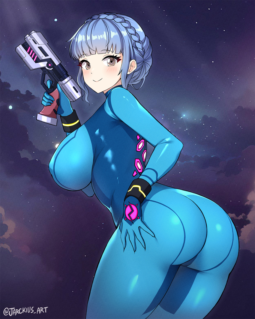 1girl aqua_bodysuit ass blunt_bangs blush bodysuit breasts brown_eyes closed_mouth cosplay covered_nipples cowboy_shot fire_emblem fire_emblem:_three_houses from_behind gun hand_on_own_ass highres holding holding_gun holding_weapon impossible_clothes jarckius large_breasts leaning_forward looking_back marianne_von_edmund metroid samus_aran samus_aran_(cosplay) skin_tight sky smile solo star_(sky) starry_sky weapon zero_suit