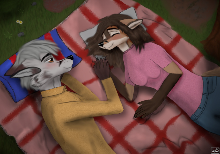 anthro anthro_on_anthro arctic_fox athletic bedding biped black_nose blanket bottomwear breasts brown_body brown_eyes brown_fur brown_hair canid canine claws clothed clothing day denim denim_bottomwear denim_clothing dipstick_ears duo elvira_(michalinovic) eyebrows eyes_closed facial_markings feet female flower fluffy forest fox fur gloves_(marking) grass hair hand_holding happy head_markings hi_res humanoid_hands intraspecies jarek_(michalinovic) jeans long_hair looking_at_another looking_at_partner love lying male male/female mammal markings medium_breasts michalinovic multicolored_body multicolored_ears multicolored_fur nature nature_background on_side pants pillow plant red_fox romantic romantic_ambiance romantic_couple shirt smile t-shirt tail tender toe_claws toes topwear tree true_fox white_body white_fur white_hair