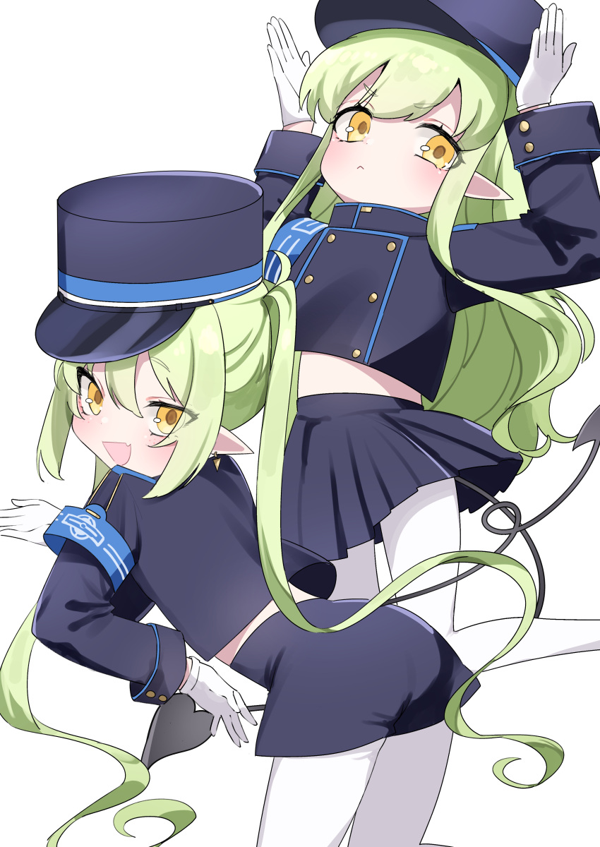 &gt;:( 2girls :d absurdres armband ass black_hat black_tail blue_archive blue_armband buttons closed_mouth demon_tail double-breasted fang gloves green_hair hands_on_own_head hat highres hikari_(blue_archive) looking_at_viewer midriff military_hat military_uniform multiple_girls nozomi_(blue_archive) open_mouth pantyhose peaked_cap pleated_skirt pointy_ears shorts simple_background skin_fang skirt smile tail tamotsu_(mary) thighs uniform v-shaped_eyebrows white_background white_gloves white_pantyhose yellow_eyes