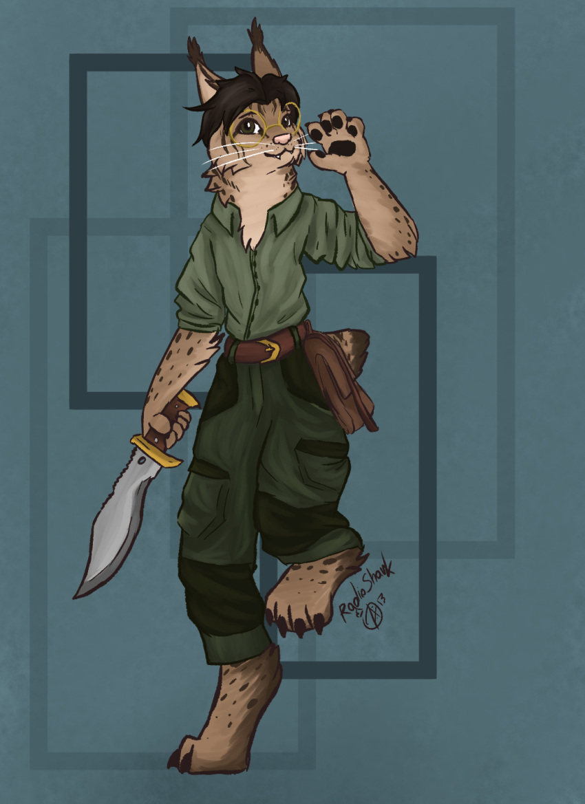 4_toes 5_fingers adventurer anthro armed belt black_claws black_hair blade bottomwear brown_eyes cargo_pants cheek_tuft claws clothed clothing corvin_jozroz_leung digitigrade dress_shirt ear_tuft eurasian_lynx eyewear facial_tuft fangs feet felid feline fingers friendly gesture glasses gold_belt_buckle gold_glasses green_clothing green_shirt green_topwear hair hi_res holding_knife holding_object holding_weapon knife kukri leather_pouch lynx male mammal markings neck_tuft nub_tail pants pawpads paws pink_nose pockets radio_shark relaxed_expression relaxed_face rolled_up_sleeves round_glasses shirt snaggle_tooth solo spots spotted_markings tan_body team_fortress_2 teeth toes topwear tuft valve waving waving_at_viewer weapon whiskers white_whiskers