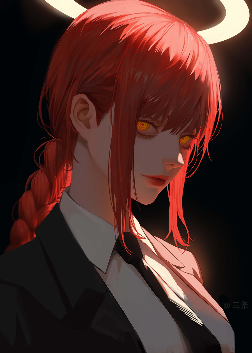 1836547 1girl @_(symbol) absurdres artist_name black_necktie braid braided_ponytail business_suit chainsaw_man collared_shirt formal halo highres light_smile long_hair looking_at_viewer makima_(chainsaw_man) necktie office_lady red_hair ringed_eyes shirt sidelocks simple_background smile solo suit white_shirt yellow_eyes